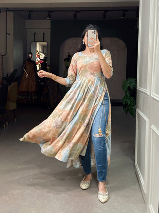 Chikoo Color Nayra-cut Foil Printed Cotton Kurti For Effortless Style and Any Occasion ClothsVilla