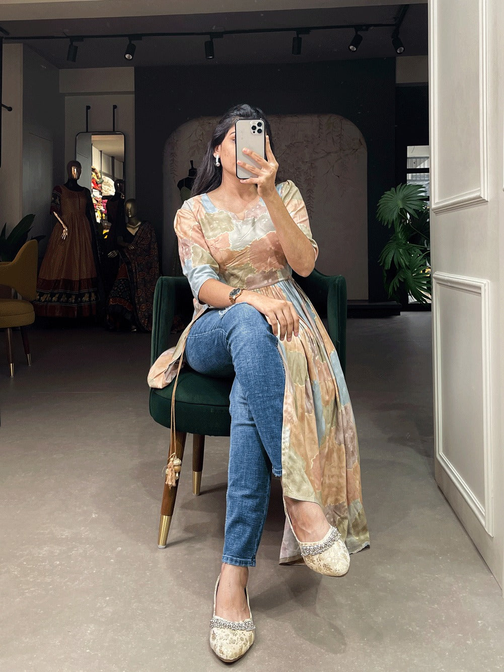 Chikoo Color Nayra-cut Foil Printed Cotton Kurti For Effortless Style and Any Occasion ClothsVilla