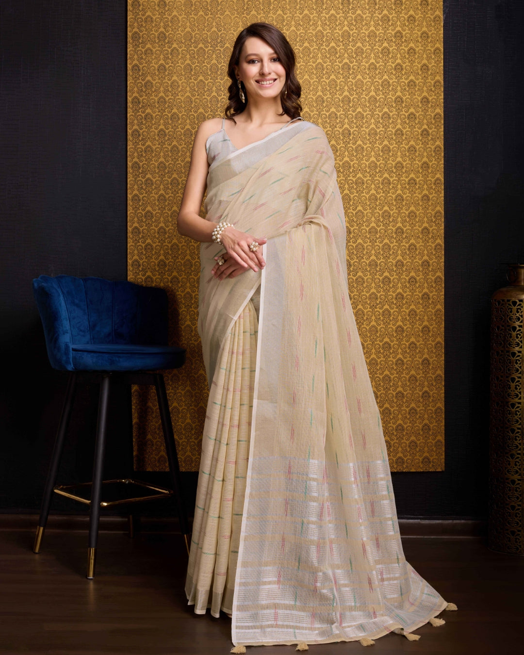 Chiku Elegant & Gold-Toned Ikat Woven Saree with Zari Border ClothsVilla Main image
