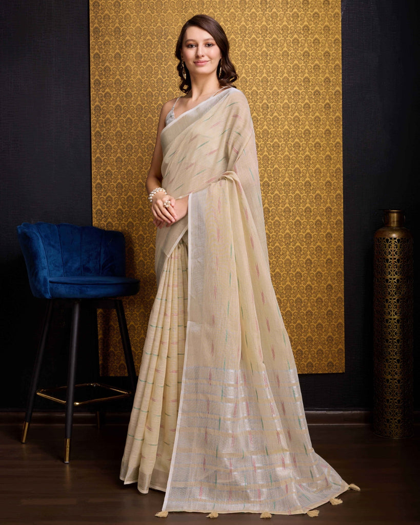Chiku Elegant & Gold-Toned Ikat Woven Saree with Zari Border ClothsVilla