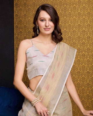 Chiku Elegant & Gold-Toned Ikat Woven Saree with Zari Border ClothsVilla