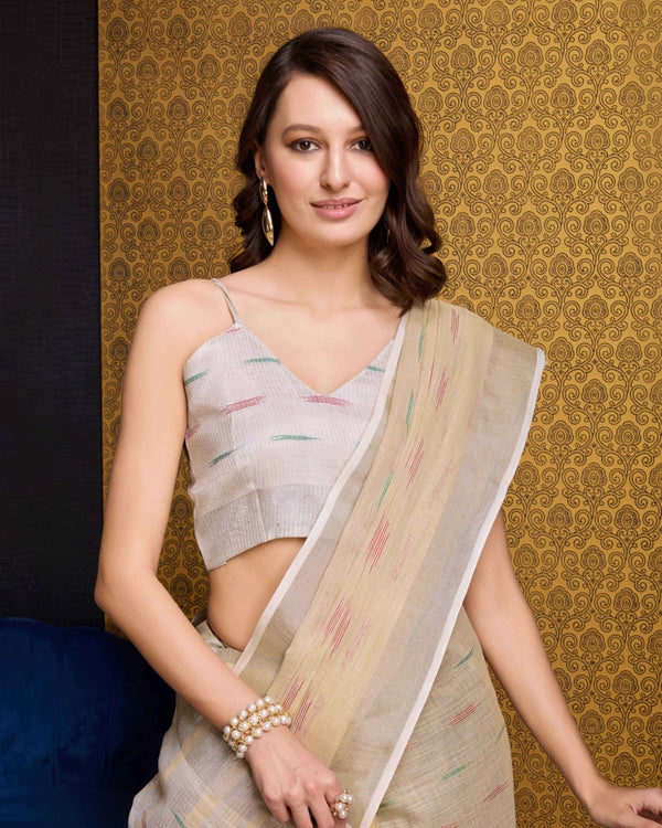 Chiku Elegant & Gold-Toned Ikat Woven Saree with Zari Border ClothsVilla
