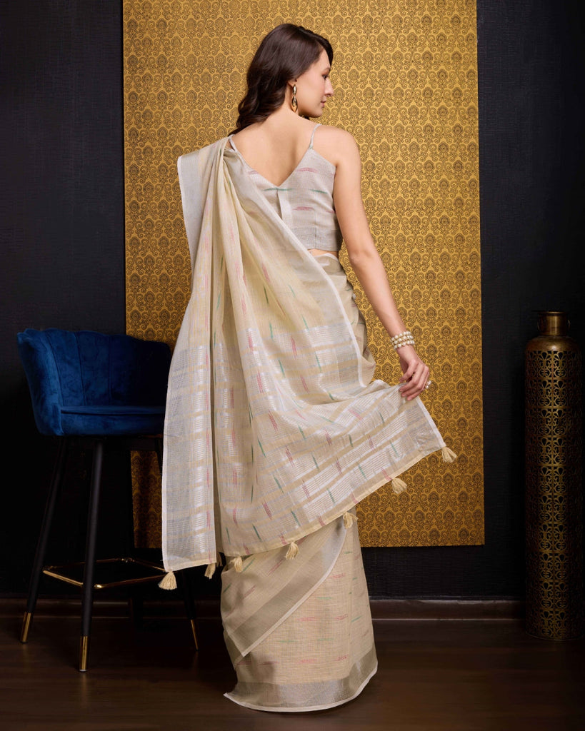 Chiku Elegant & Gold-Toned Ikat Woven Saree with Zari Border ClothsVilla