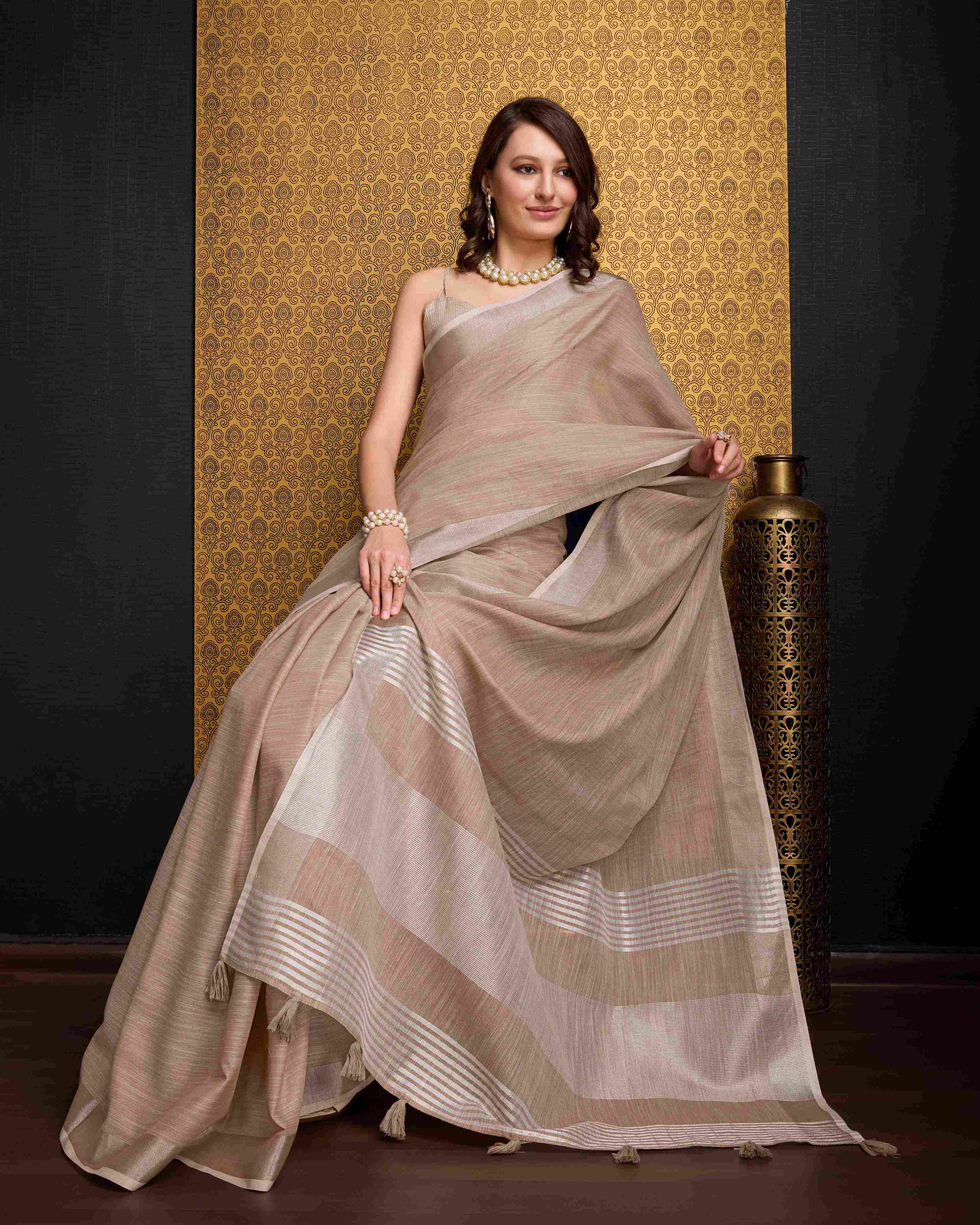 Chiku Elegant Solid Saree with Zari Border – Timeless Grace ClothsVilla