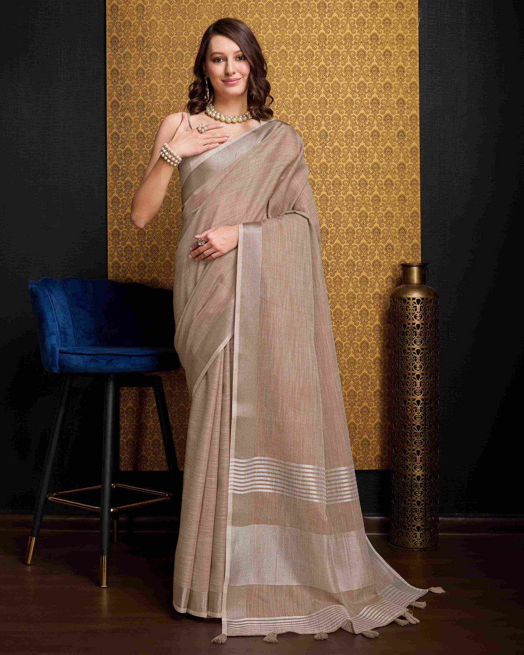 Chiku Elegant Solid Saree with Zari Border – Timeless Grace ClothsVilla