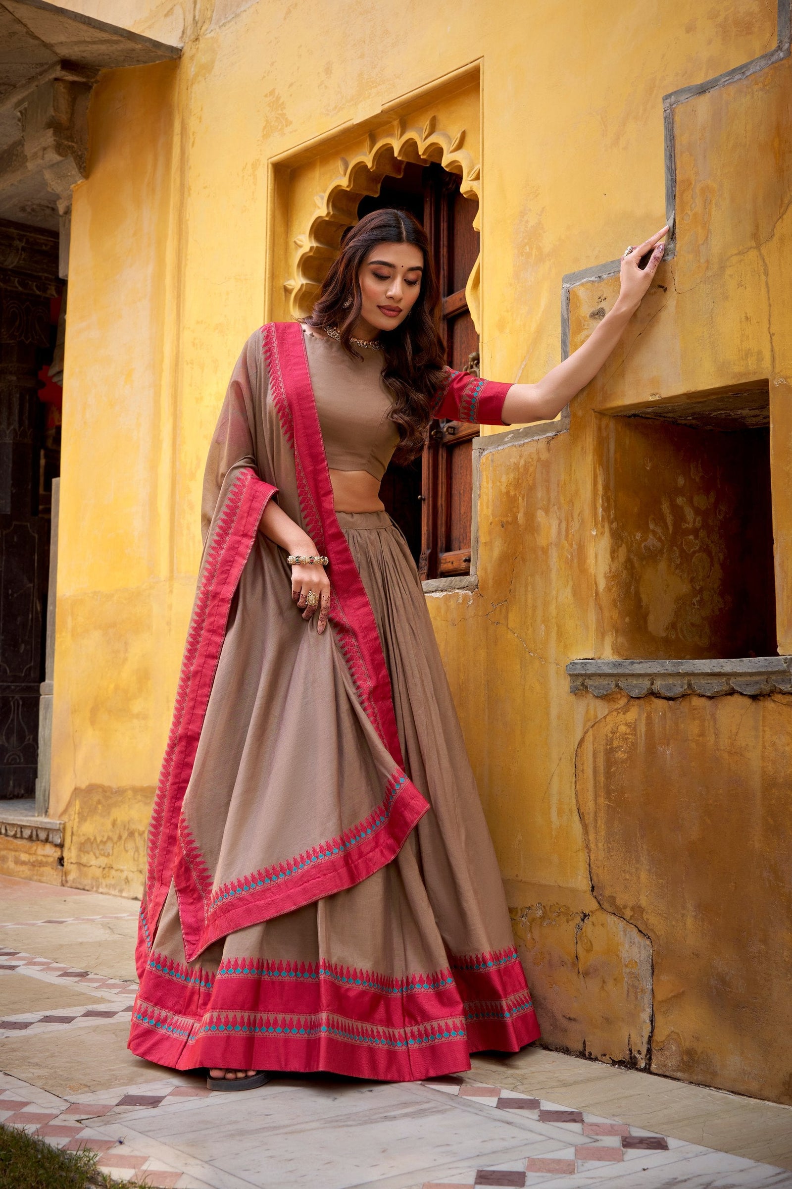 Chiku Pure Chanderi Thread Work Lehenga Choli Set with Matching Dupatta – 4 Meter Flair, Stitched Lehenga & Unstitched Blouse Clothsvilla