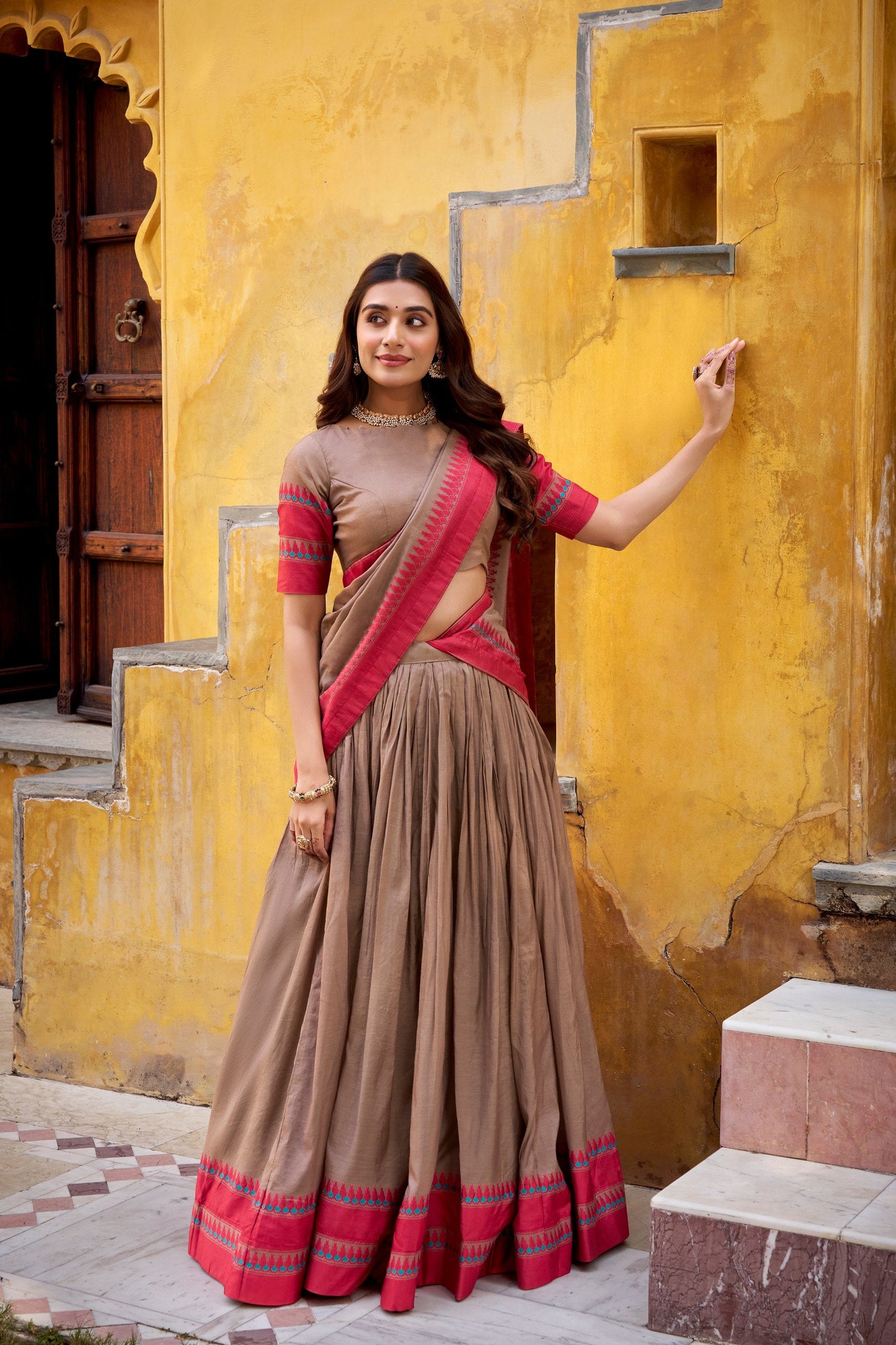 Chiku Pure Chanderi Thread Work Lehenga Choli Set with Matching Dupatta – 4 Meter Flair, Stitched Lehenga & Unstitched Blouse Clothsvilla