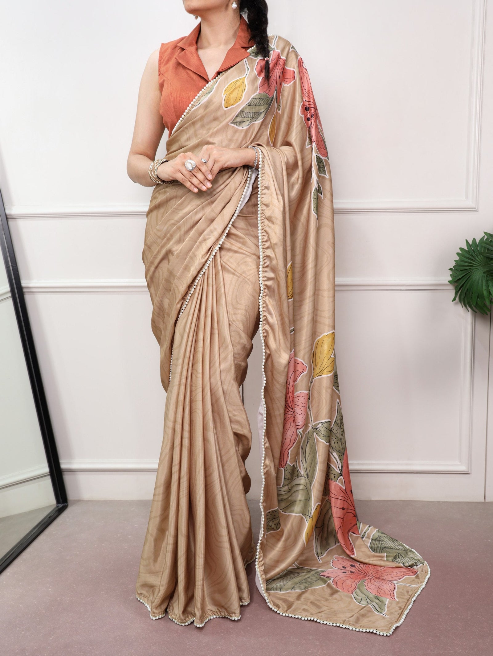 Chiku Satin Silk Printed Saree ClothsVilla