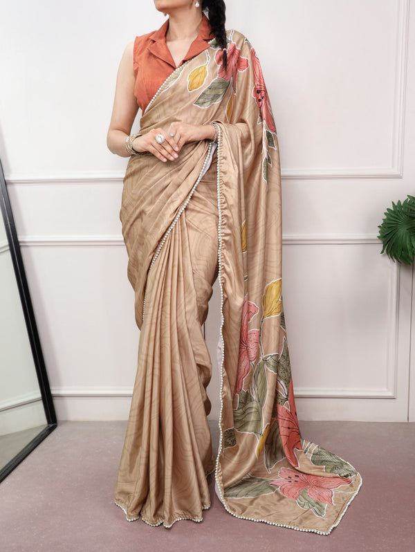 Chiku Satin Silk Printed Saree ClothsVilla