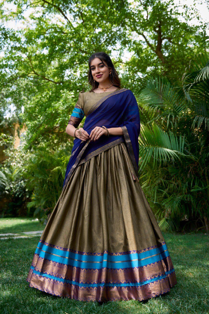 Chiku South Style Poly Cotton Half Saree – A Timeless Blend of Tradition & Elegance