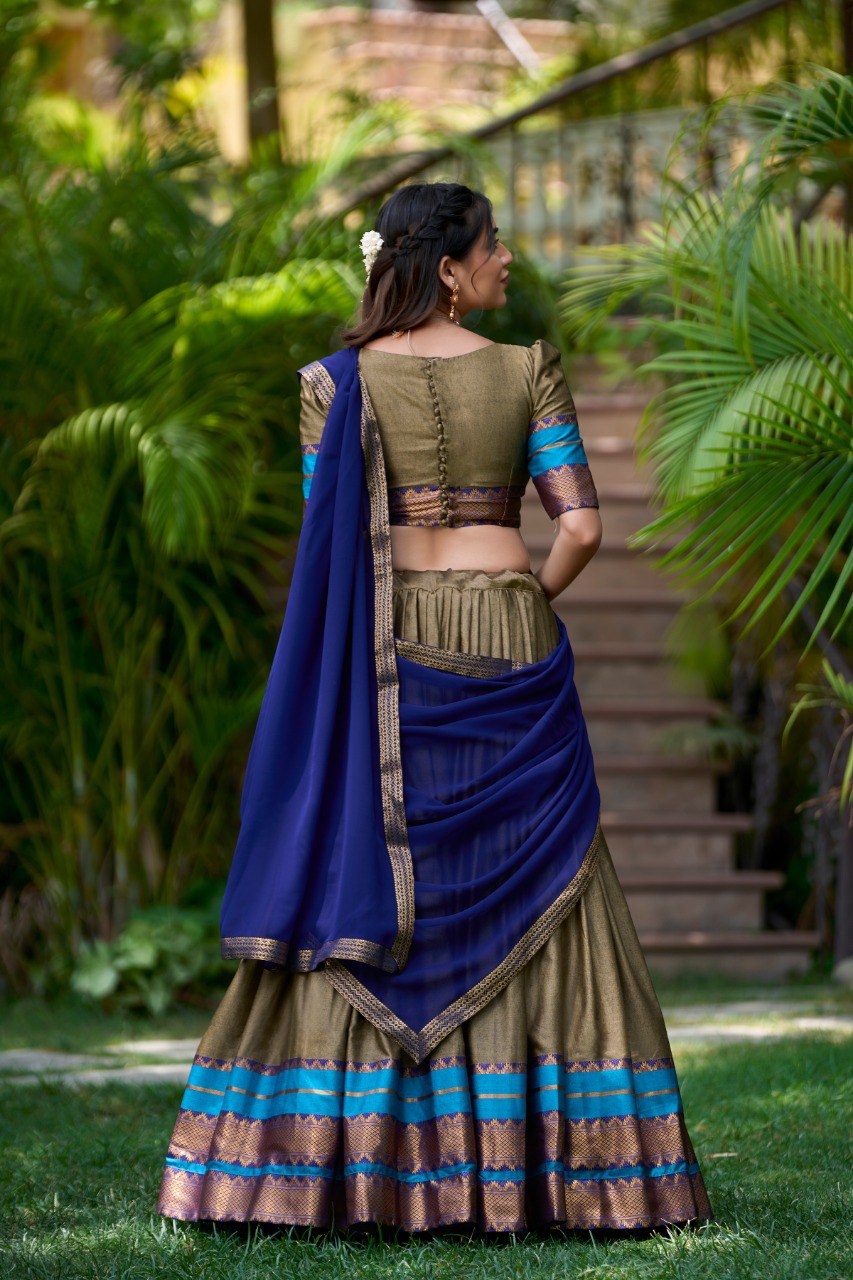 Chiku South Style Poly Cotton Half Saree – A Timeless Blend of Tradition & Elegance