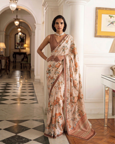 Chiku Tasar Silk Floral Print Saree ClothsVilla Main image