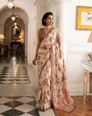 Chiku Tasar Silk Floral Print Saree ClothsVilla