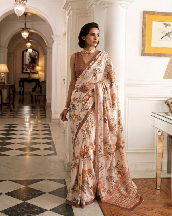 Chiku Tasar Silk Floral Print Saree ClothsVilla