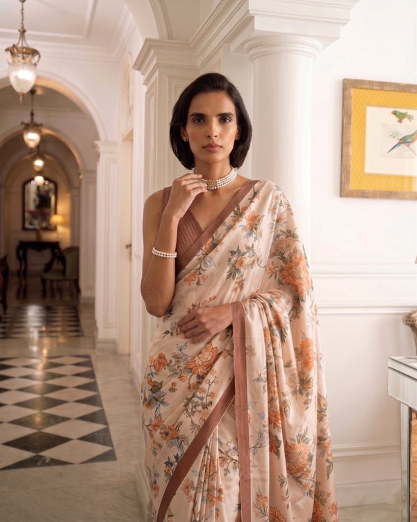 Chiku Tasar Silk Floral Print Saree ClothsVilla