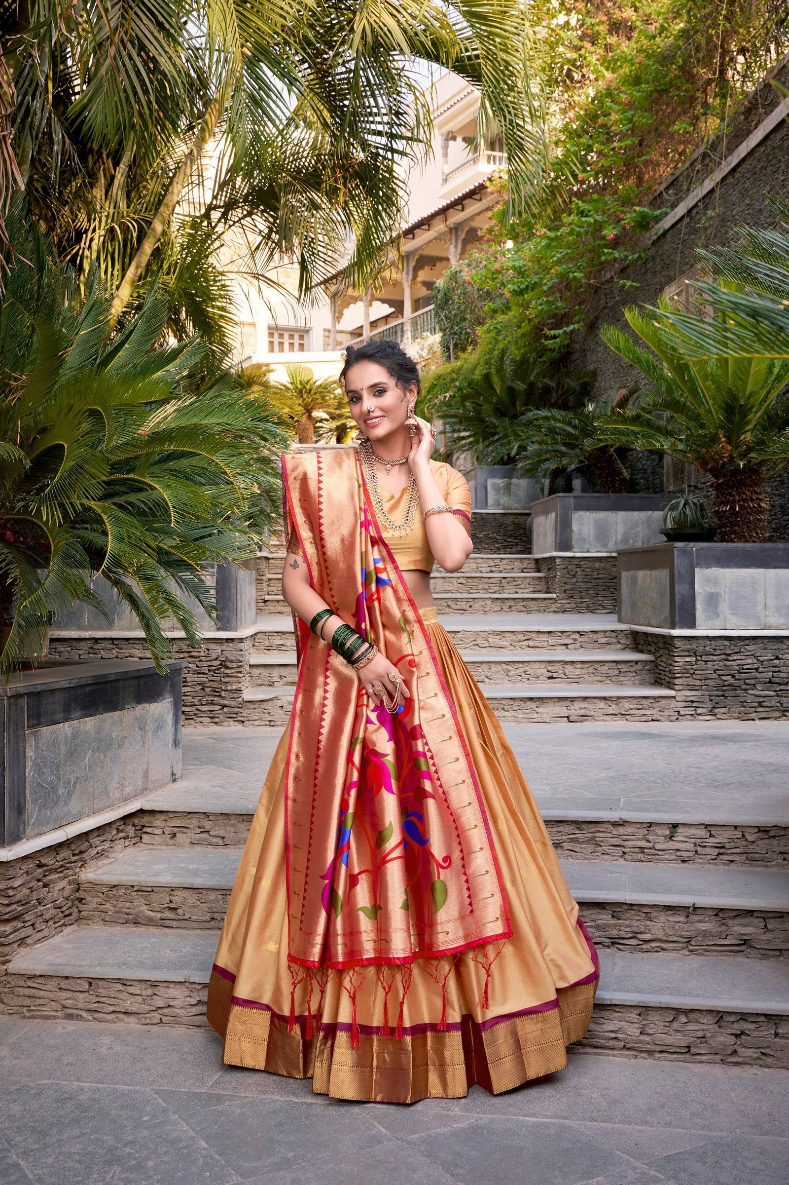 Chiku Traditional Paithani Jacquard Silk Lehenga Set with Zari Weaving & Tassel Dupatta – Stitched ClothsVilla