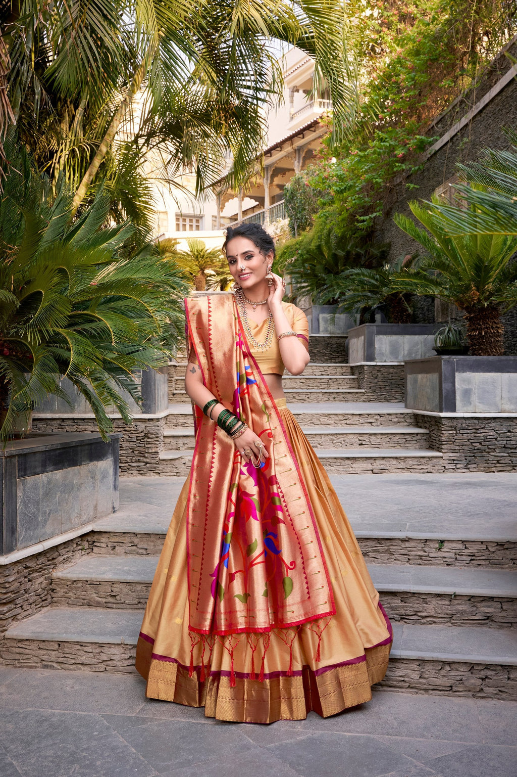 Chiku Traditional Paithani Jacquard Silk Lehenga Set with Zari Weaving & Tassel Dupatta – Stitched ClothsVilla