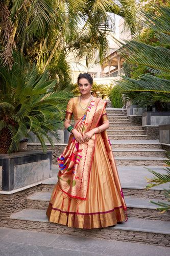 Chiku Traditional Paithani Jacquard Silk Lehenga Set with Zari Weaving & Tassel Dupatta – Stitched ClothsVilla