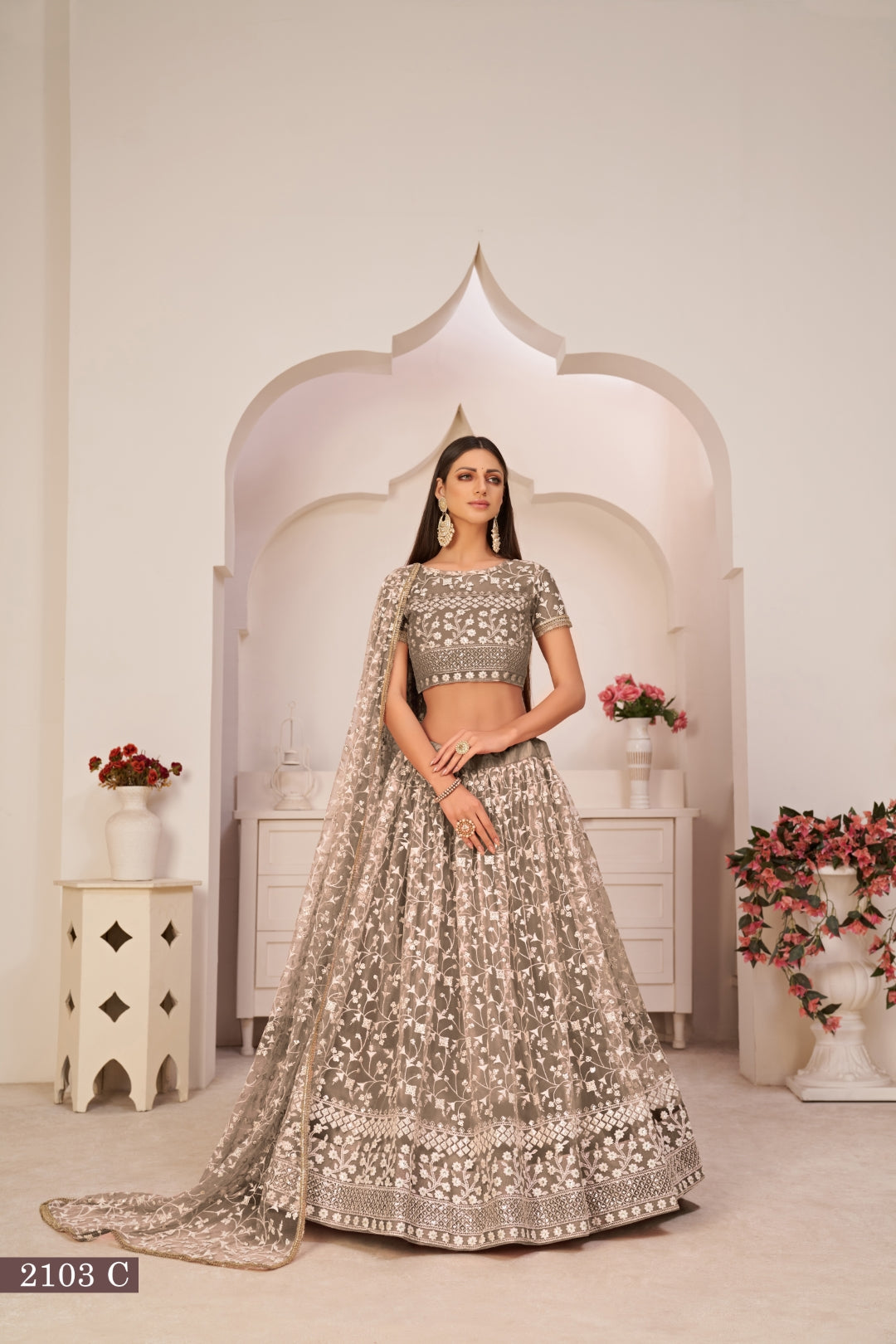 Chocolate Brown Elegant Butterfly Net Lehenga with Intricate Embroidery ClothsVilla Main image