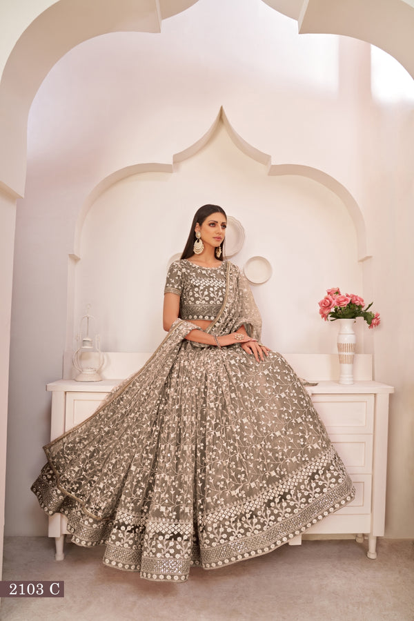 Chocolate Brown Elegant Butterfly Net Lehenga with Intricate Embroidery ClothsVilla
