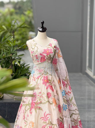 Printed Jimmy Organza Lehenga Choli with Handcrafted Blouse and Dupatta ClothsVilla