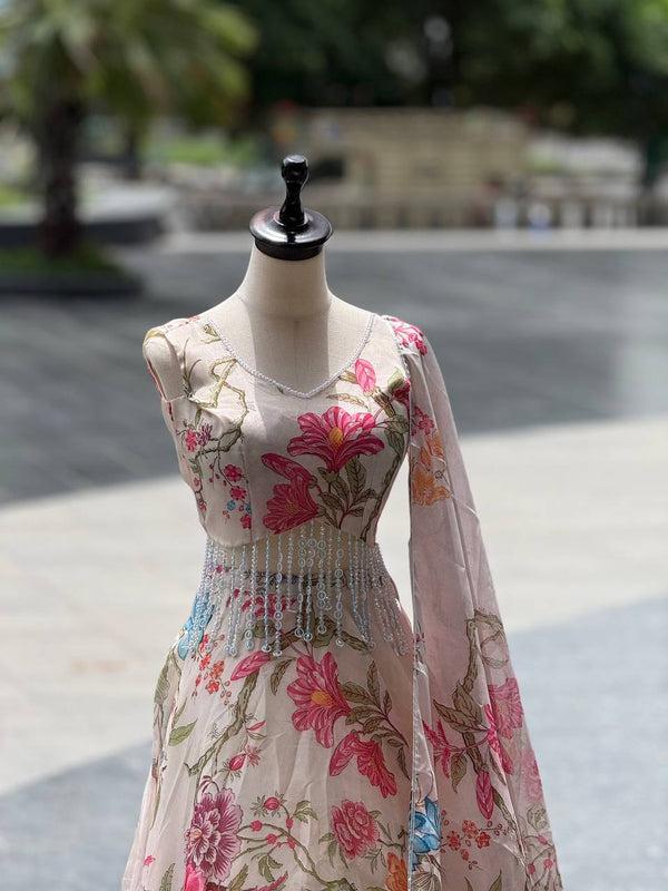 Printed Jimmy Organza Lehenga Choli with Handcrafted Blouse and Dupatta ClothsVilla