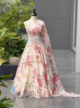 Printed Jimmy Organza Lehenga Choli with Handcrafted Blouse and Dupatta ClothsVilla