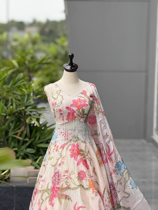 Printed Jimmy Organza Lehenga Choli with Handcrafted Blouse and Dupatta ClothsVilla