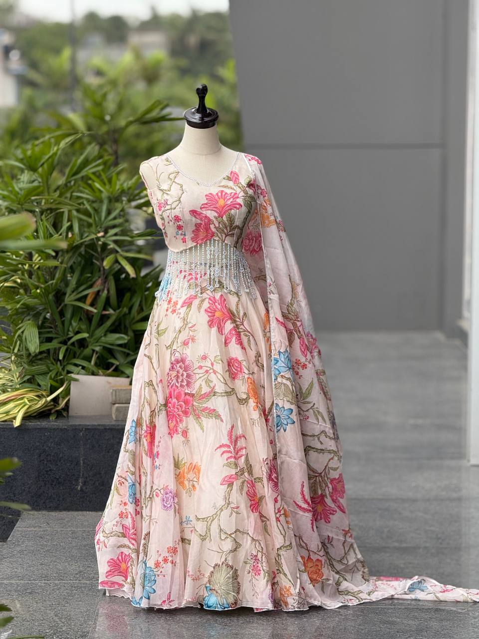 Printed Jimmy Organza Lehenga Choli with Handcrafted Blouse and Dupatta ClothsVilla