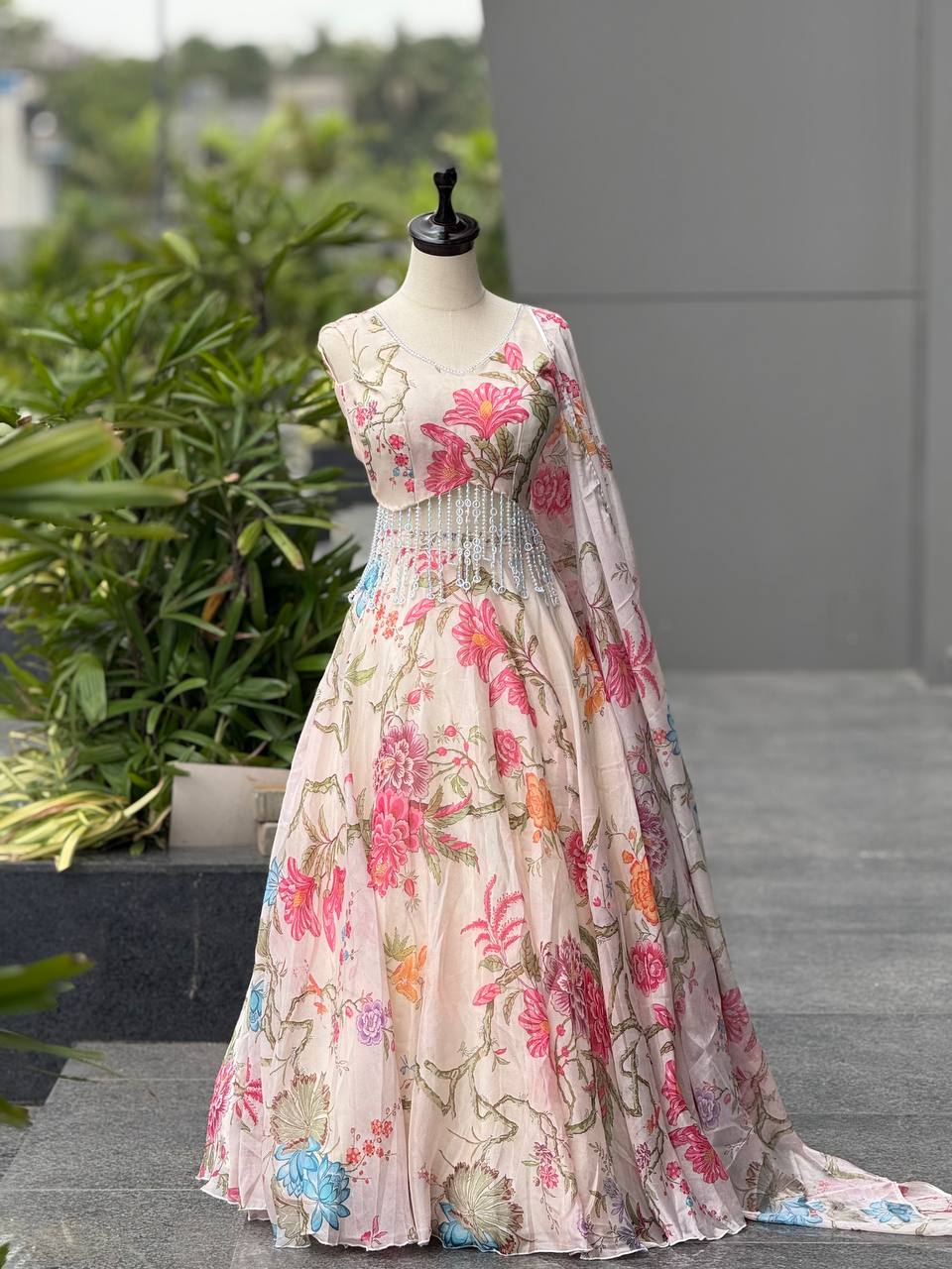 Printed Jimmy Organza Lehenga Choli with Handcrafted Blouse and Dupatta ClothsVilla
