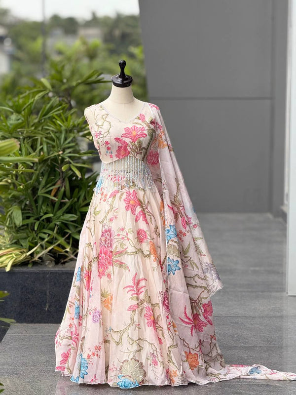 Printed Jimmy Organza Lehenga Choli with Handcrafted Blouse and Dupatta ClothsVilla