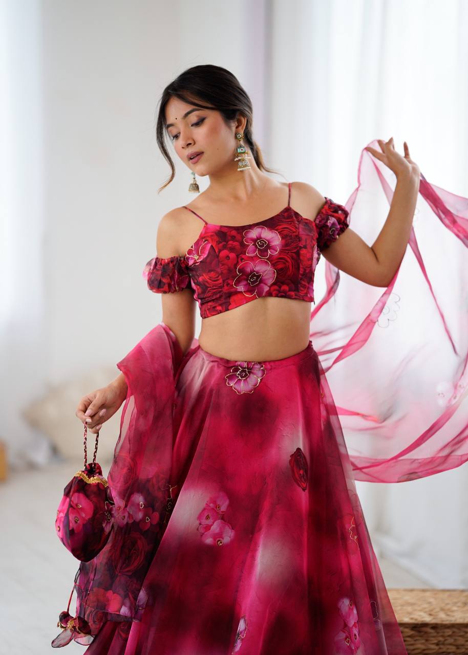 Deep Pink Printed Organza Lehenga Choli ClothsVilla