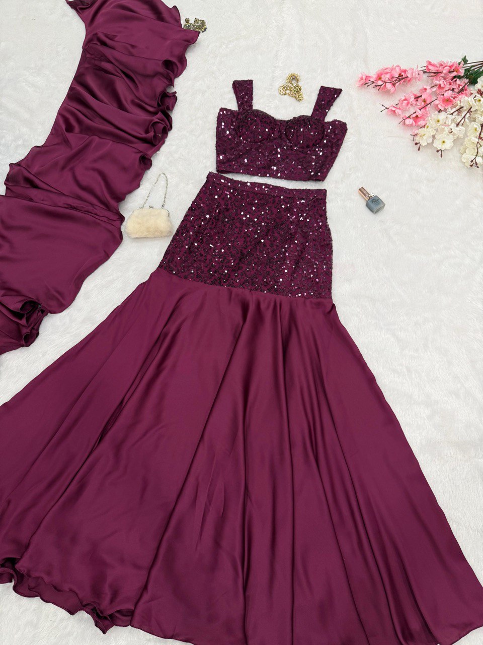 Wine Embroidered Sequin Fishcut Lehenga Set ClothsVilla
