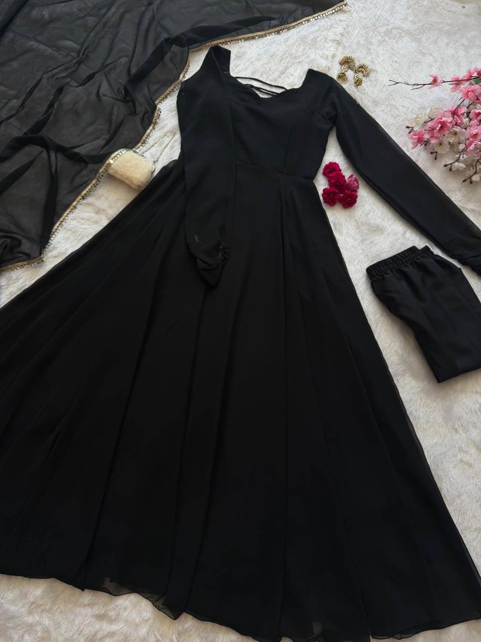 Black Georgette Anarkali Suit with Mirror Lace Dupatta ClothsVilla