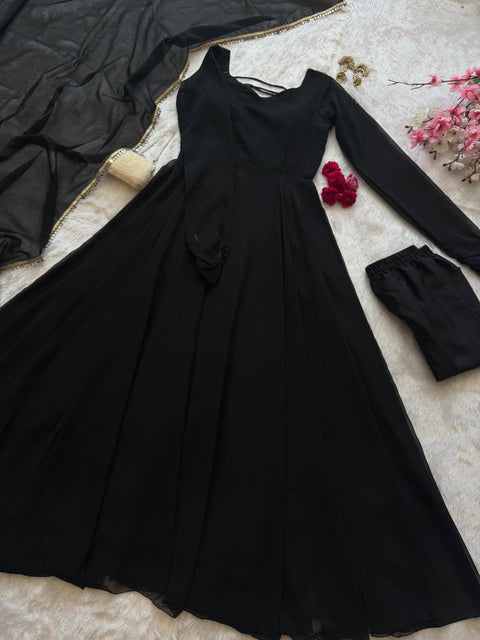 Black Georgette Anarkali Suit with Mirror Lace Dupatta ClothsVilla Main image