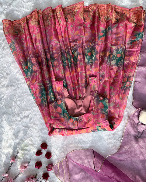 Magenta Floral Printed Organza Gown with Dupatta ClothsVilla Main image