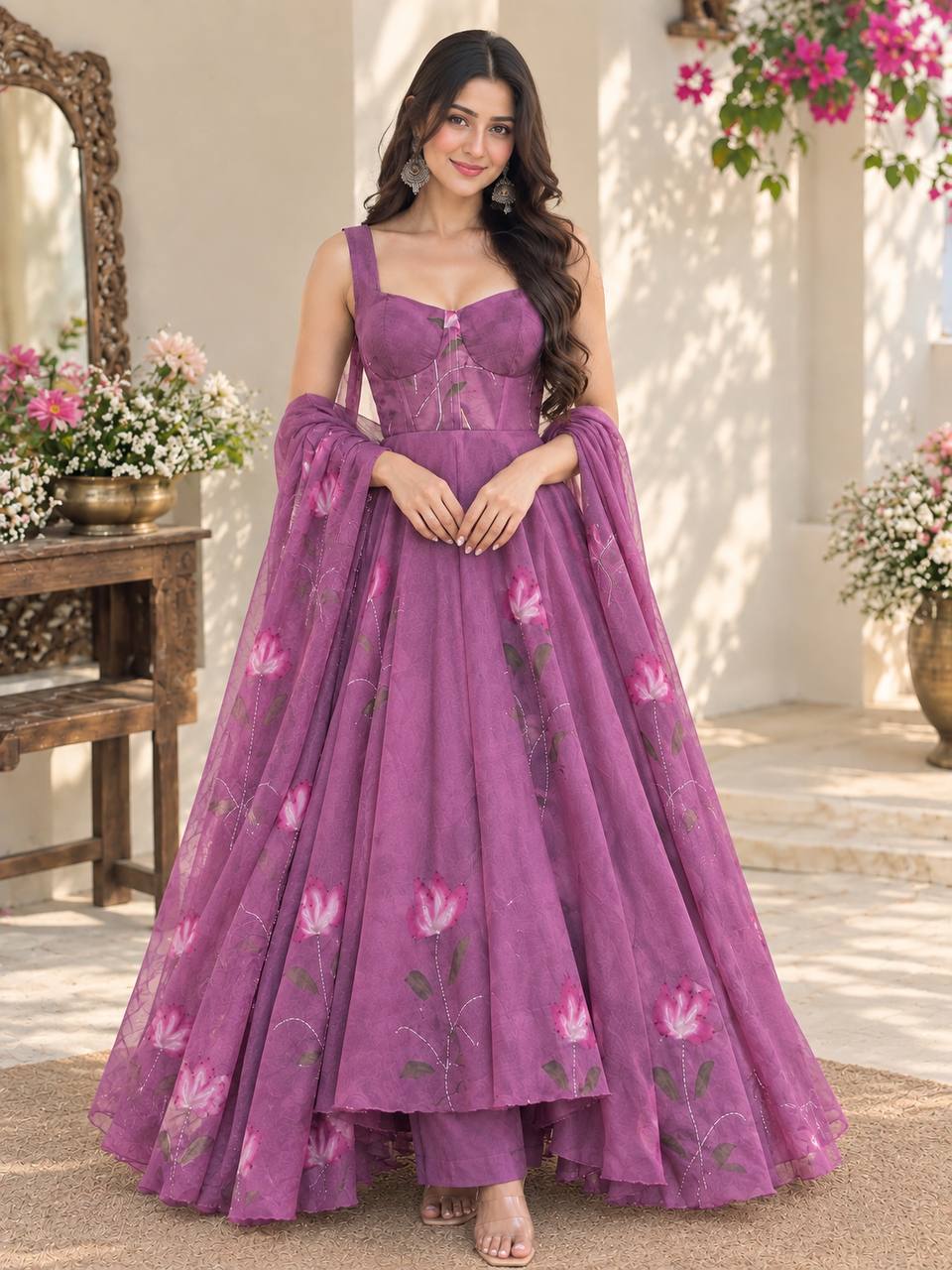Georgette Handpaint Zari Corset Anarkali Suit ClothsVilla