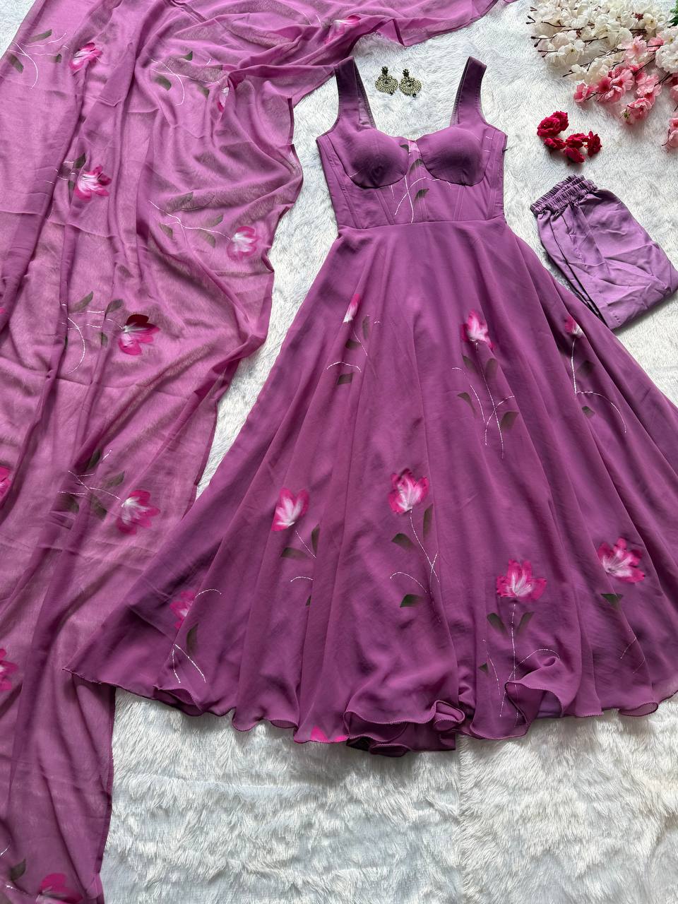 Georgette Handpaint Zari Corset Anarkali Suit ClothsVilla