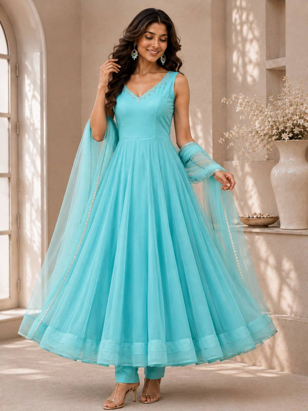 Aqua Blue Georgette Hotfix Anarkali Suit ClothsVilla