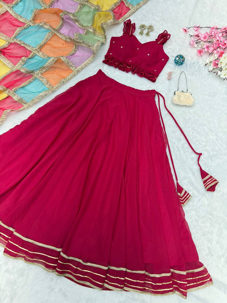 Georgette Diamond Work Lehenga Choli with Printed Organza Dupatta ClothsVilla