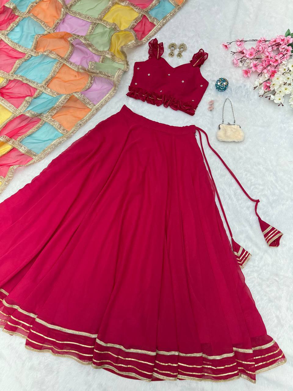 Georgette Diamond Work Lehenga Choli with Printed Organza Dupatta ClothsVilla