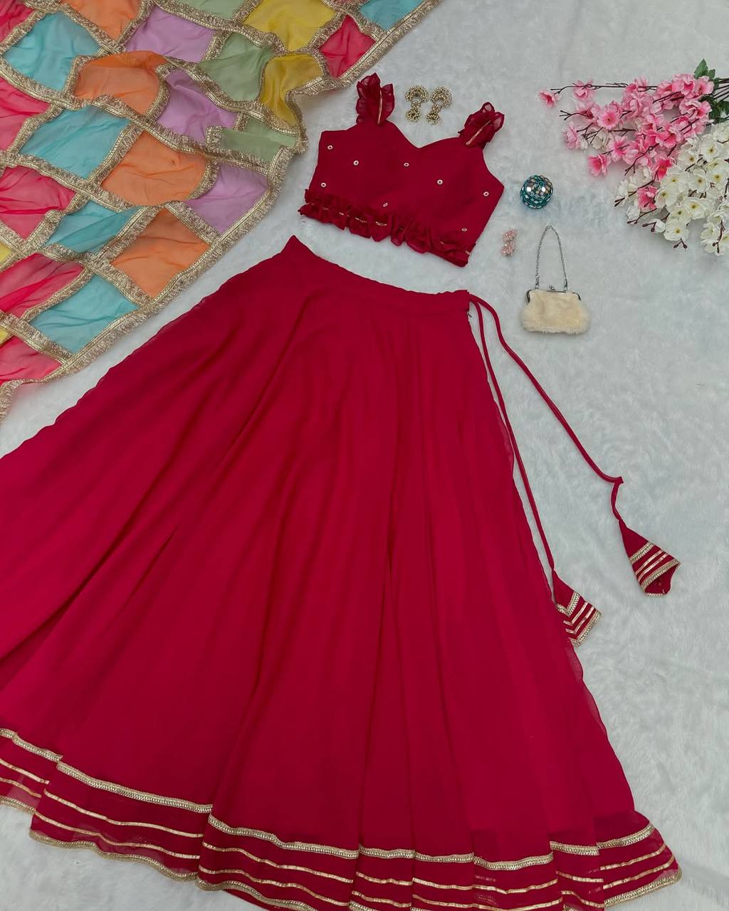 Georgette Diamond Work Lehenga Choli with Printed Organza Dupatta ClothsVilla