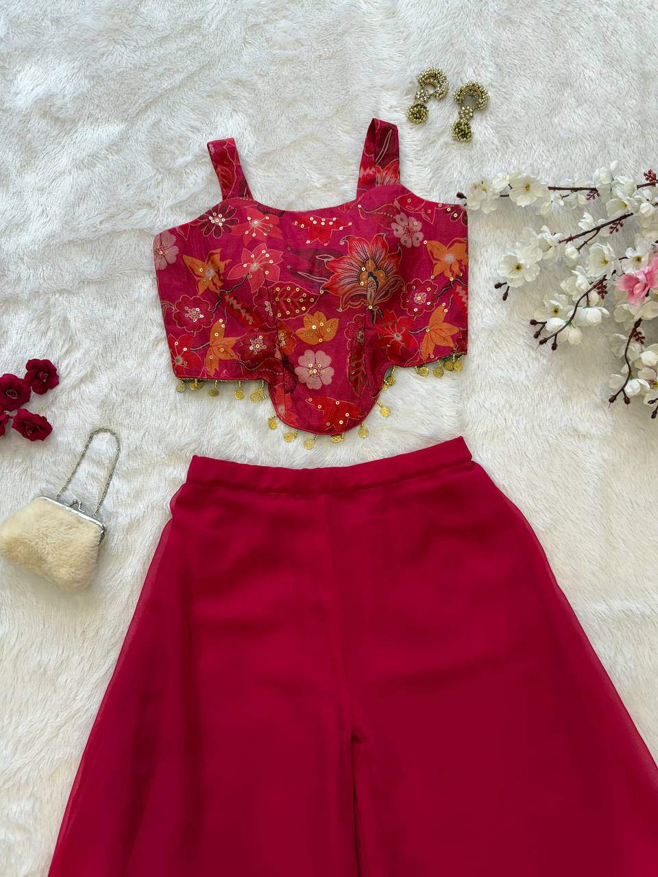 Sequin Organza Crop Top with Georgette Palazzo Set ClothsVilla