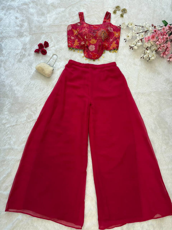 Sequin Organza Crop Top with Georgette Palazzo Set ClothsVilla