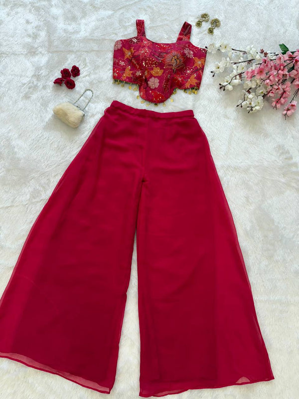 Sequin Organza Crop Top with Georgette Palazzo Set ClothsVilla