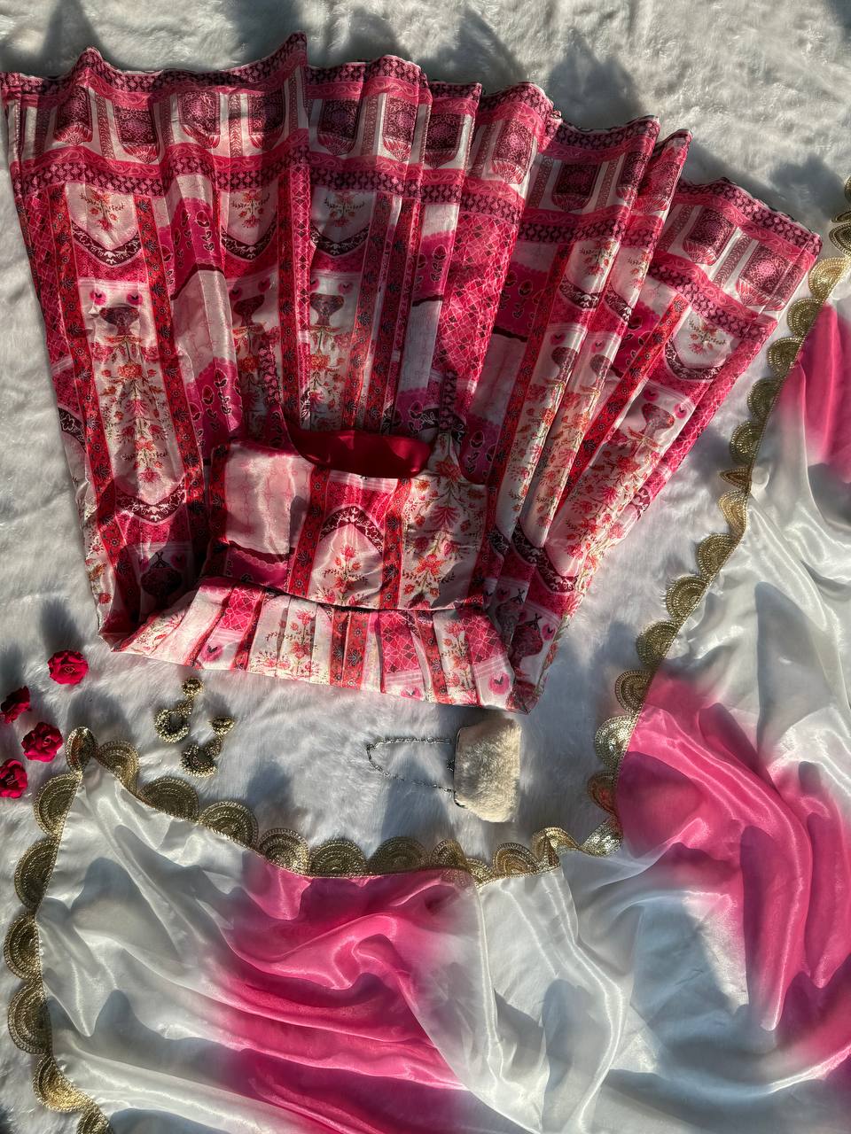Multicolor Digital Printed Organza Pleated Gown with Dupatta ClothsVilla