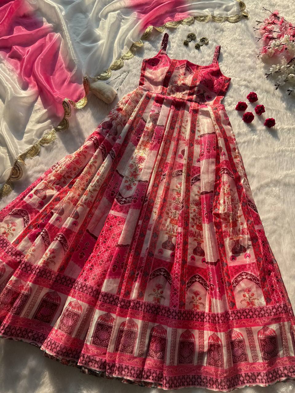 Multicolor Digital Printed Organza Pleated Gown with Dupatta ClothsVilla