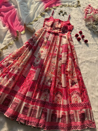 Multicolor Digital Printed Organza Pleated Gown with Dupatta ClothsVilla
