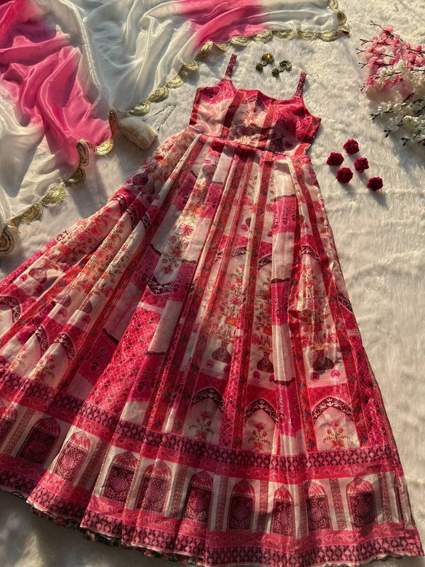 Multicolor Digital Printed Organza Pleated Gown with Dupatta ClothsVilla