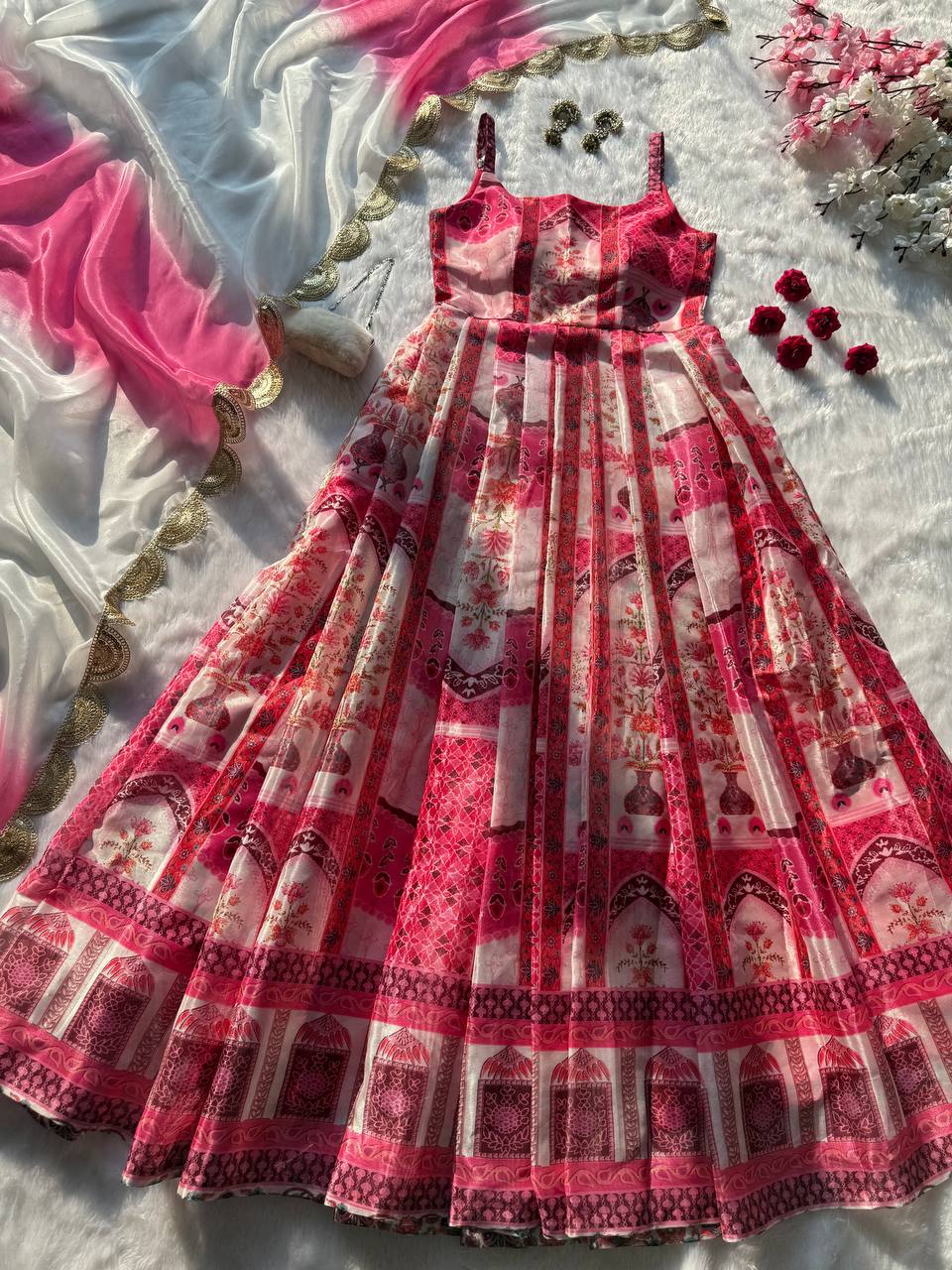 Multicolor Digital Printed Organza Pleated Gown with Dupatta ClothsVilla